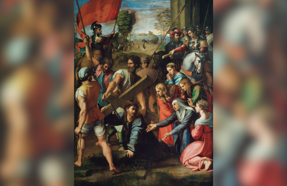 A group of people surround a man carrying a wooden cross. Vibrant garments and a soldier with a red flag are prominent. Somber mood.