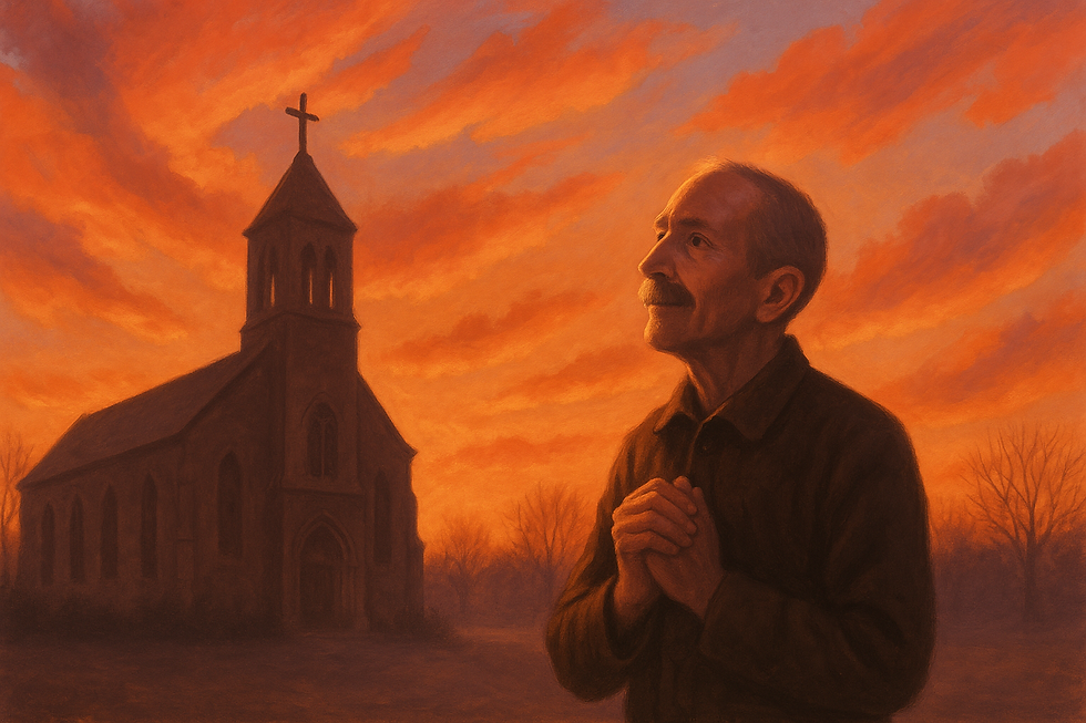 Man gazes upward with clasped hands beside a church at sunset. The sky glows orange, creating a peaceful, reflective mood.