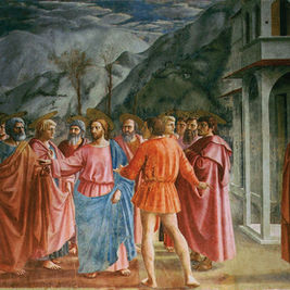 A group of haloed figures in colorful robes converse outside a building. Mountains in the background; one figure bends near water.