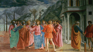A group of haloed figures in colorful robes converse outside a building. Mountains in the background; one figure bends near water.