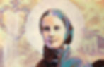Portrait of a woman with a serene expression, halo effect, and a colorful abstract background featuring a building and rosary pattern.
