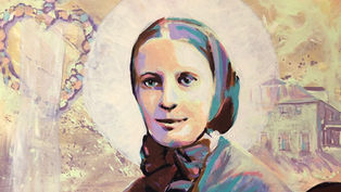 Portrait of a woman with a serene expression, halo effect, and a colorful abstract background featuring a building and rosary pattern.