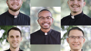 Five smiling men in clerical collars are arranged in a collage. Each wears a black shirt, set against a leafy green background.
