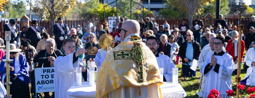 Archbishop in golden vestment leads outdoor religious ceremony. Congregation kneels on grass. "Pray to End Abortion" sign visible.