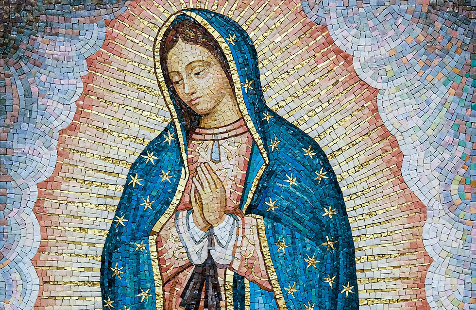 Mosaic of a serene figure with downcast eyes, wearing a blue cloak with gold stars, against a radiant patterned backdrop. Hands clasped in prayer.