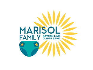 Logo for "Marisol Family Bottom Line Diaper Bank" with a teal diaper and yellow sunburst design in the background.