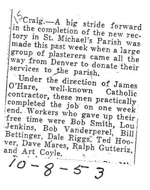 Newspaper clipping about plasterers from Denver donating services for St. Michael’s Parish. Mentions James O'Hare and lists workers' names. Dated 10-8-53.