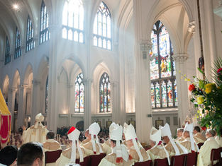 Priests in white robes sit in a cathedral with stained glass windows. Sunlight streams in, creating a serene atmosphere.