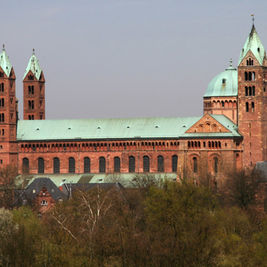 Large Romanesque cathedral with twin towers and green copper roofs above trees under a hazy sky