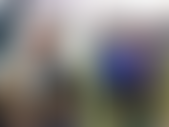 Elderly man in brown sweater outside; couple standing together on grass, woman in blue sweater with handbag. Background has buildings, trees.