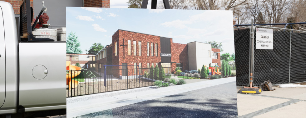 Poster of a brick building on an easel beside a white truck in a construction area. "Danger Construction Area Keep Out" sign visible.