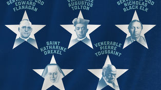 Five blue portraits in white stars labeled Edward Flanagan, Augustus Tolton, Nicholas Black Elk, Katharine Drexel, Pierre Toussaint.