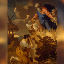 A man kneels before a burning bush while a divine figure gestures toward him, surrounded by clouds and trees. The scene is dramatic and fiery.