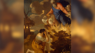 A man kneels before a burning bush while a divine figure gestures toward him, surrounded by clouds and trees. The scene is dramatic and fiery.