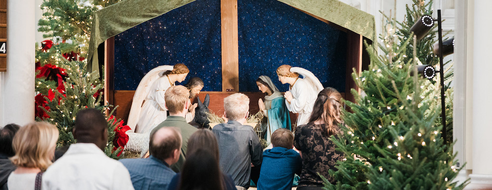 People kneel before a nativity scene in a church, surrounded by Christmas trees and lights. The mood is reverent and festive.
