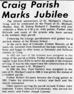Newspaper article titled "Craig Parish Marks Jubilee" discusses the 50th anniversary of St. Michael's Church in Craig, including past and present clergy.