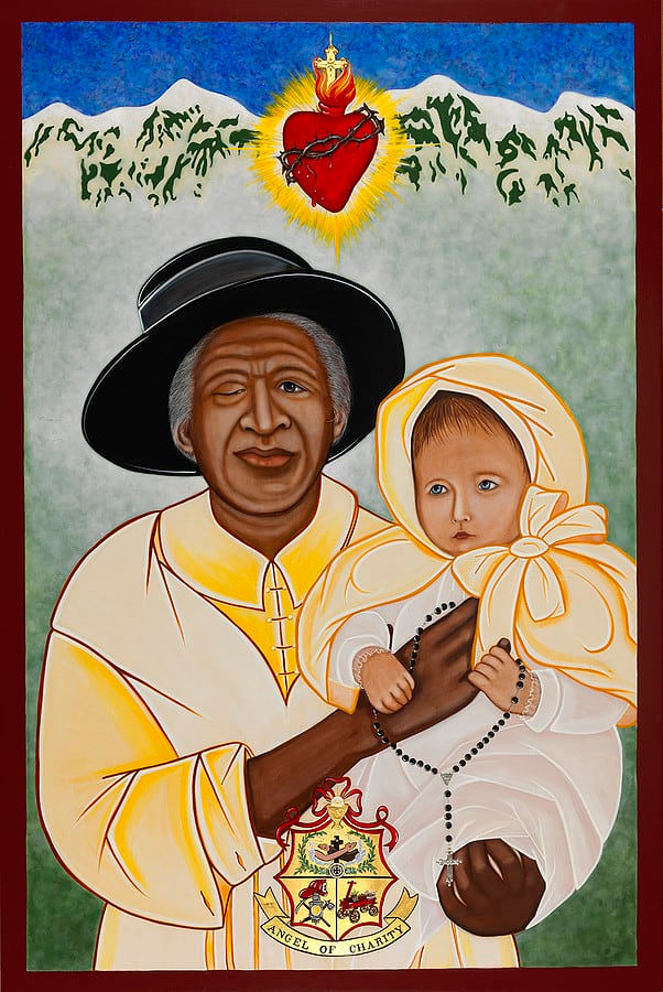 Elder in hat holds a child wrapped in yellow with a rosary. Heart icon above, mountains in background. Text: "Angel of Charity."