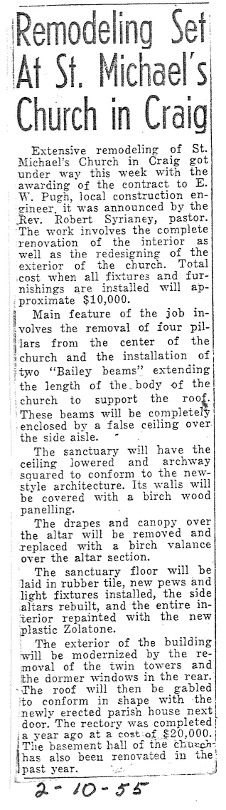 Newspaper clipping details the planned remodeling of St. Michael’s Church in Craig, including interior and exterior renovations and costs.