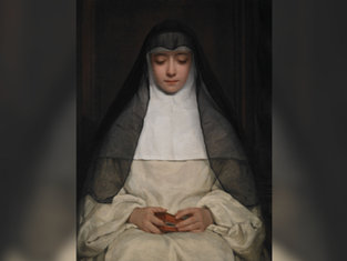 A serene nun in black and white habit holds a small book, eyes closed. Dark backdrop enhances calmness and focus.