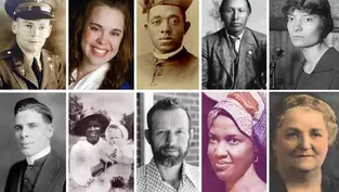 A collage of ten portraits featuring diverse individuals in various attire, ranging from uniforms to traditional clothing, showcasing different eras.