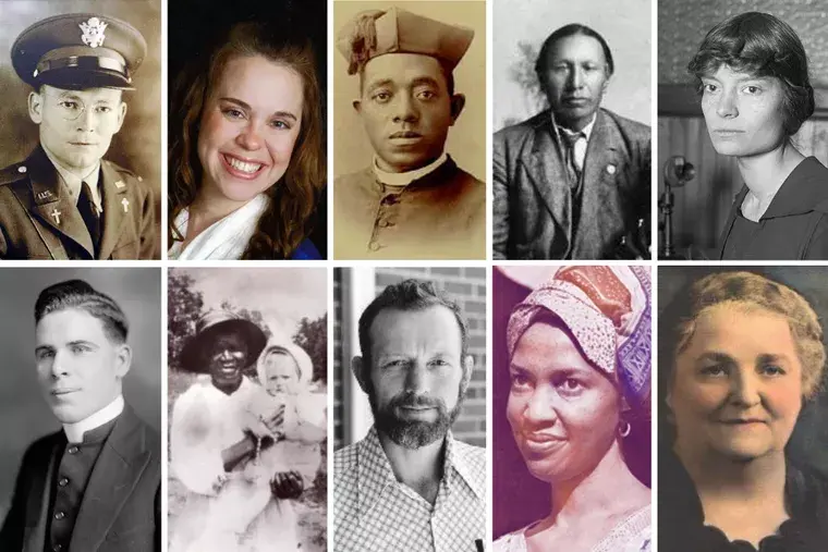 A collage of ten portraits featuring diverse individuals in various attire, ranging from uniforms to traditional clothing, showcasing different eras.