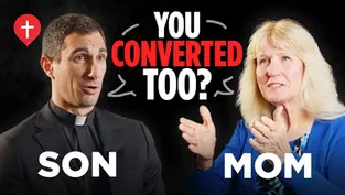 A seminarian in clerical attire and his mother, a blonde woman wearing a blue sweater, are superimposed on a black background. In a speech bubble between them, the words "YOU CONVERTED TOO?" are visible. "SON" and "MOM" are also visible underneath each of them.