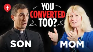 A seminarian in clerical attire and his mother, a blonde woman wearing a blue sweater, are superimposed on a black background. In a speech bubble between them, the words "YOU CONVERTED TOO?" are visible. "SON" and "MOM" are also visible underneath each of them.