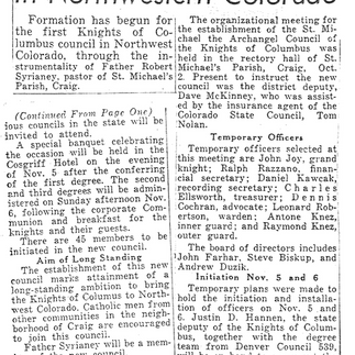 Newspaper article about forming the first Knights of Columbus council in Northwest Colorado. Includes names, dates, and event details.