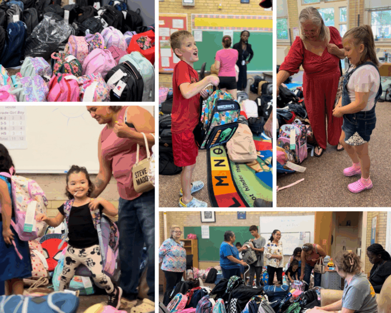 Children and adults gather to distribute colorful backpacks in a classroom. Smiling faces, joyful atmosphere, and various prints are visible.