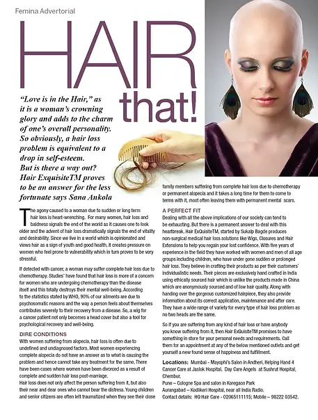 Hair Exquisite ® The Hair loss Brand of Company Sukalp Life ™ ,covered by Femina Magazine India , Pune Edition .