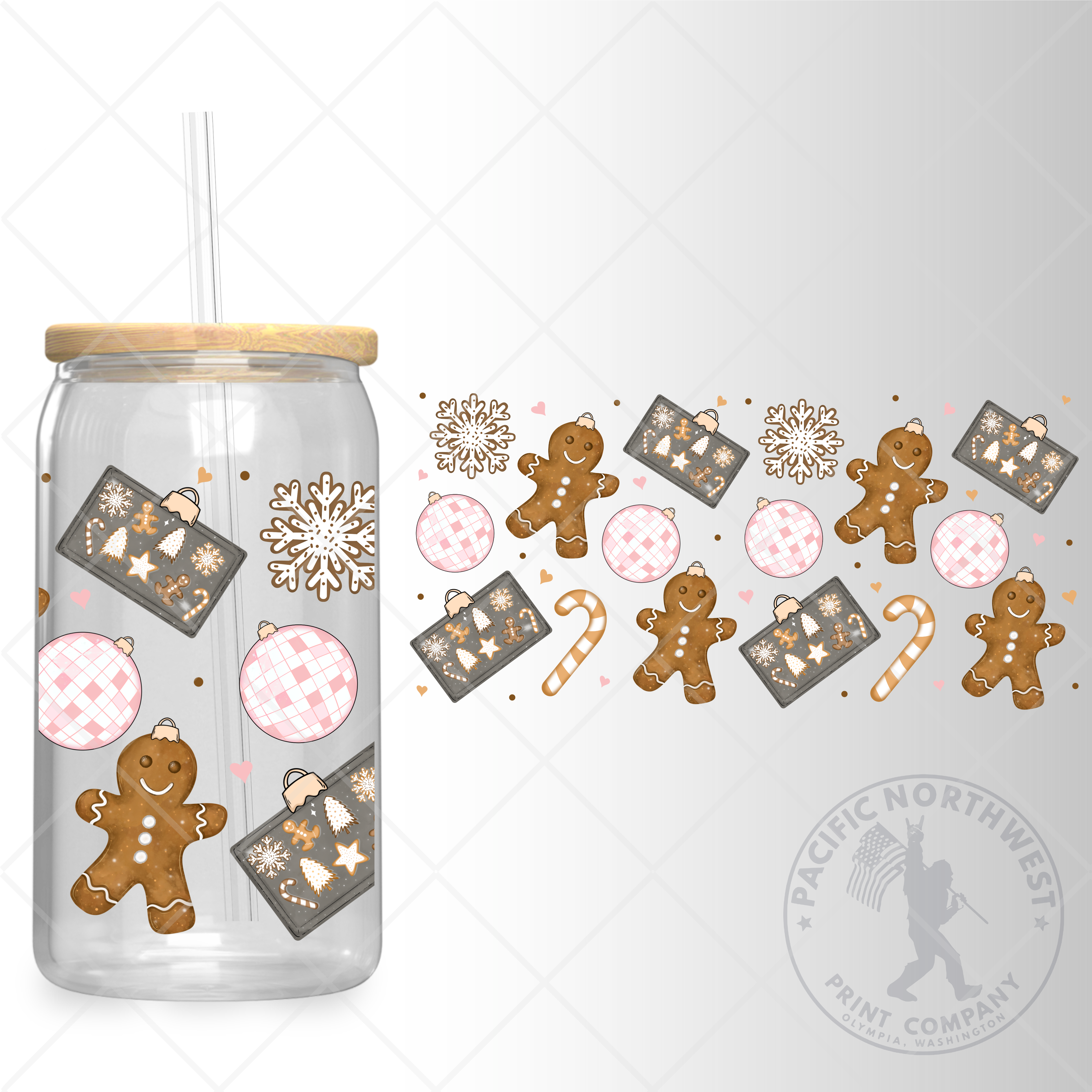 UV DTF 16 Oz Libbey Glass Can Wrap - Gingerbread Ornaments - 32