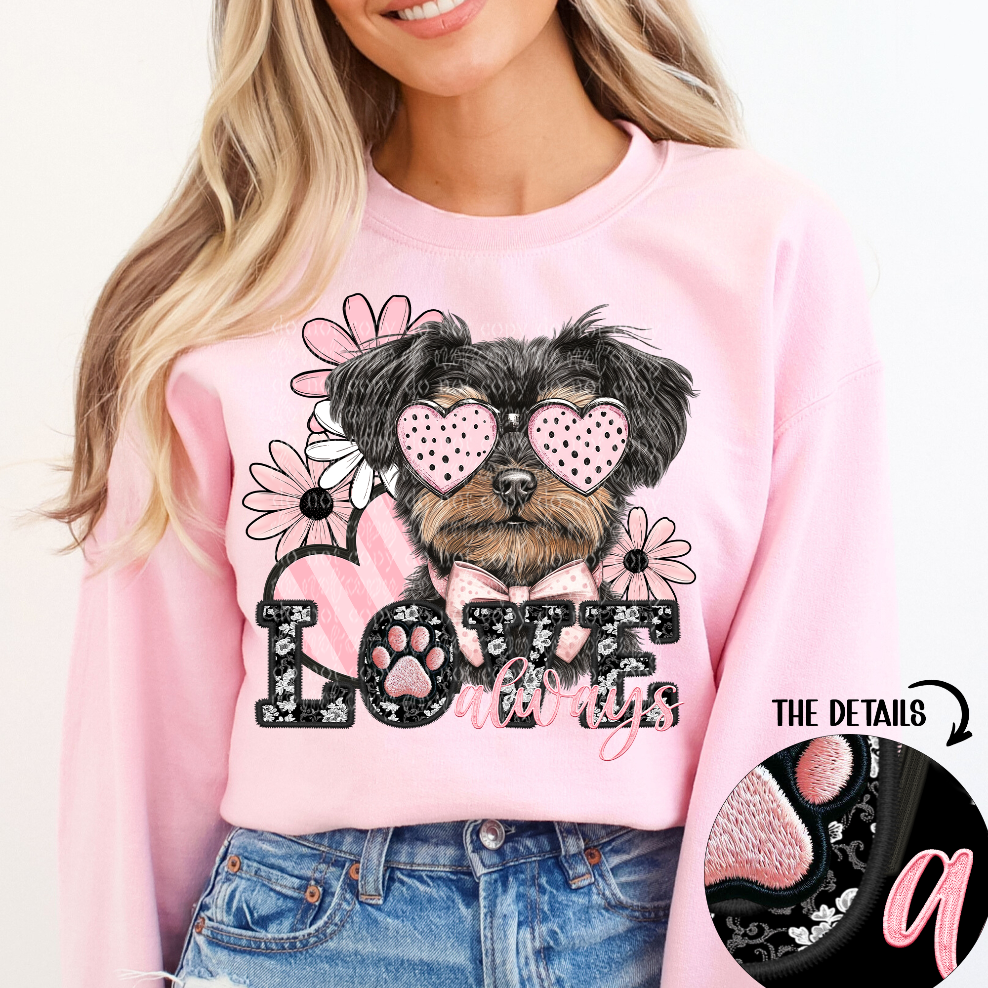 Love Always Black Brown Maltese Faux Embroidery - DTF Transfer - 52