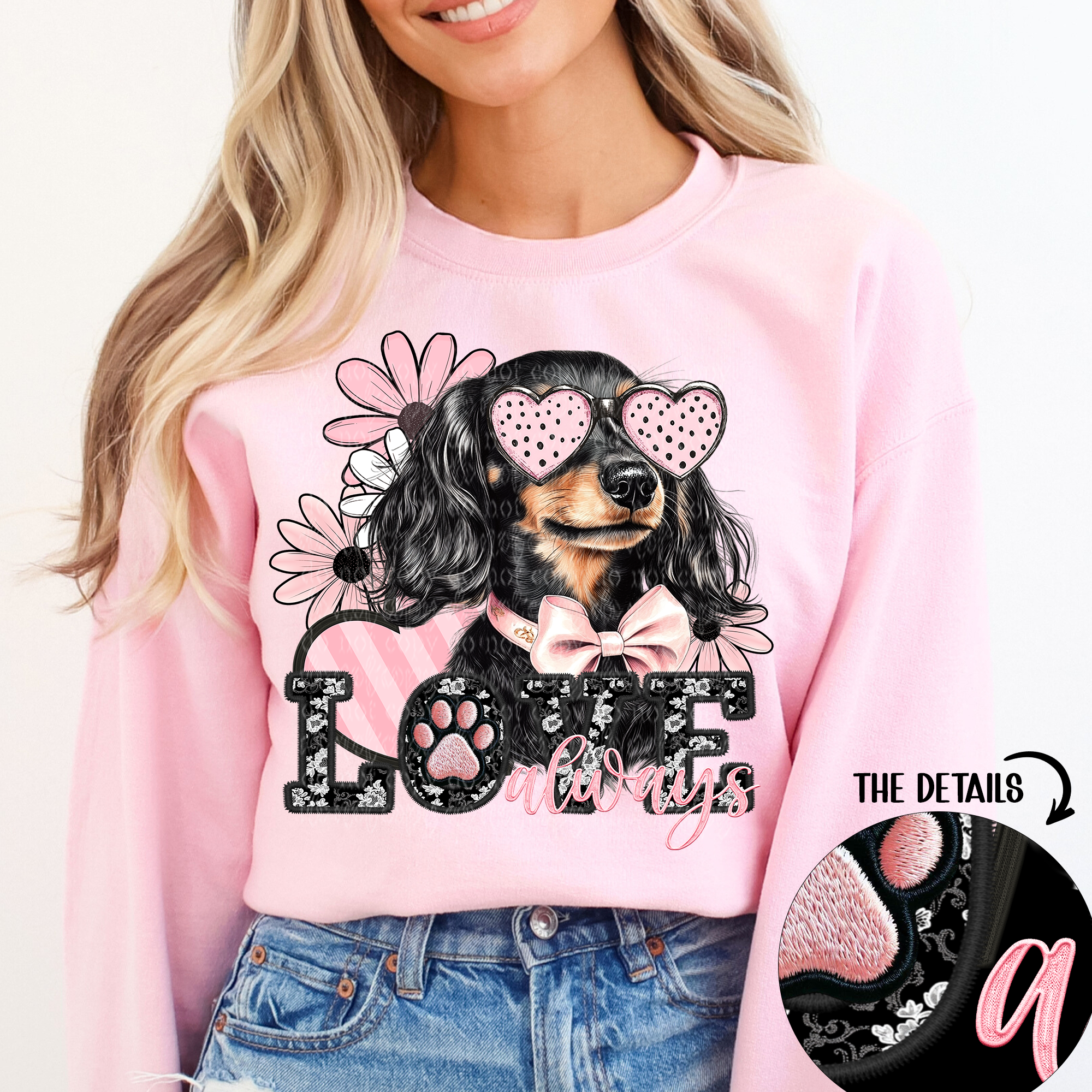 Love Always Long Haired Dachshund Faux Embroidery - DTF Transfer - 52