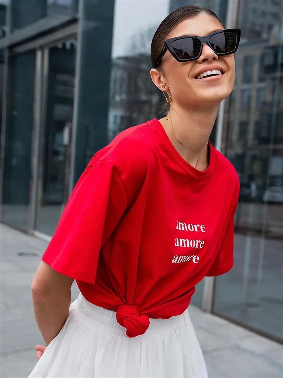 Thumbnail: Red T-Shirt with Amore Amore Amore Print Women's T-Shirt Simple Design Summer Fa
