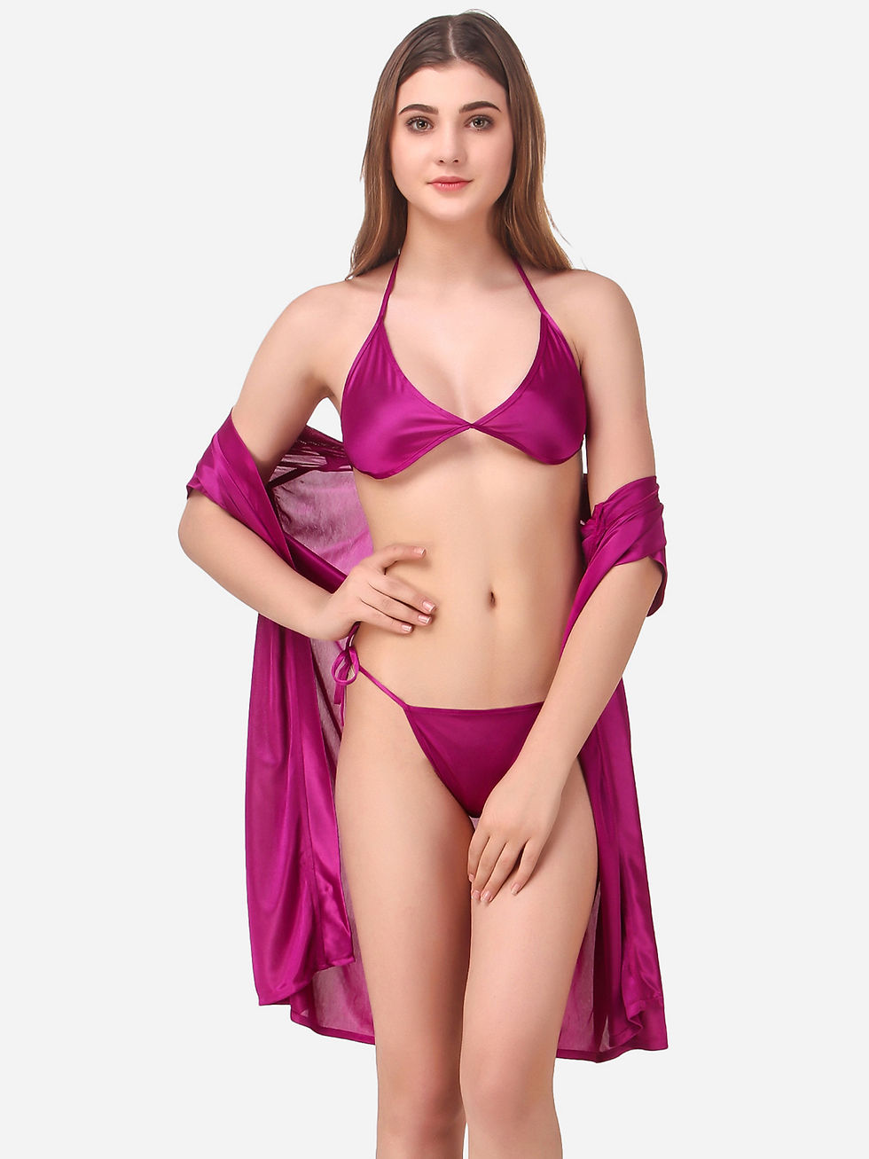 Romaisa Women's Satin Solid Magenta Robe with Lingerie Set
