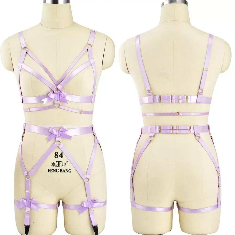 Fetish Purple Bow Body Harness Bdsm Bondage High Waist Garter Belt Set Elastic