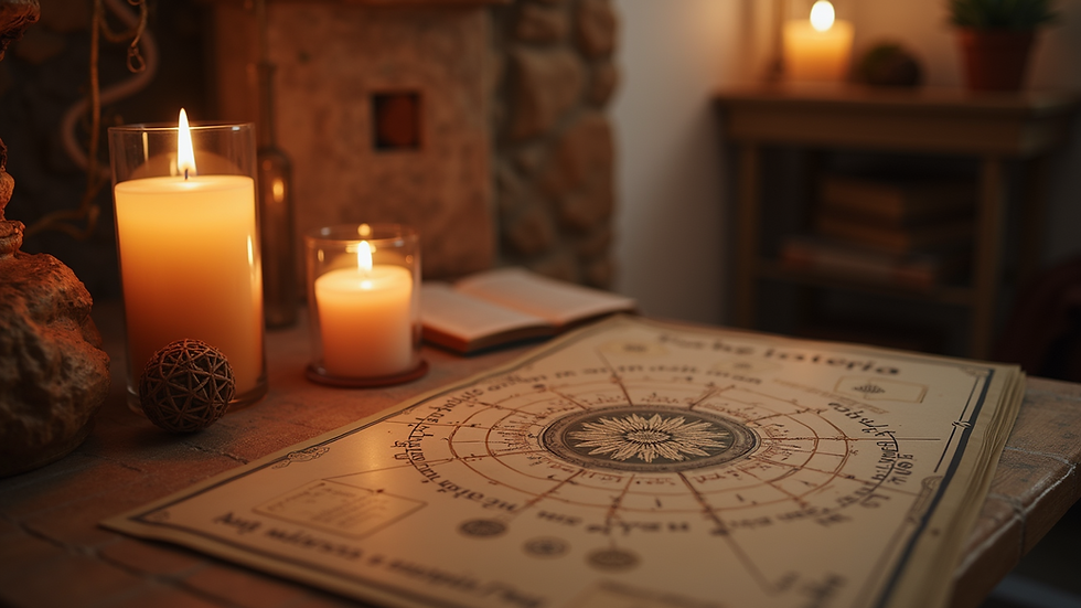 Eye-level view of a cozy astrology consultation space with astrological charts and candles