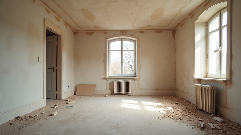 Wide angle view of a partially renovated living room with construction materials