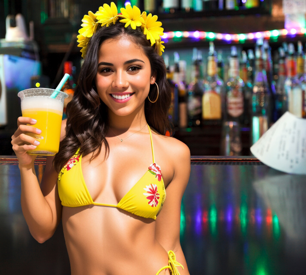 Hot girl in yellow bikini at Senor Frogs Las Vegas with cocktail in hand