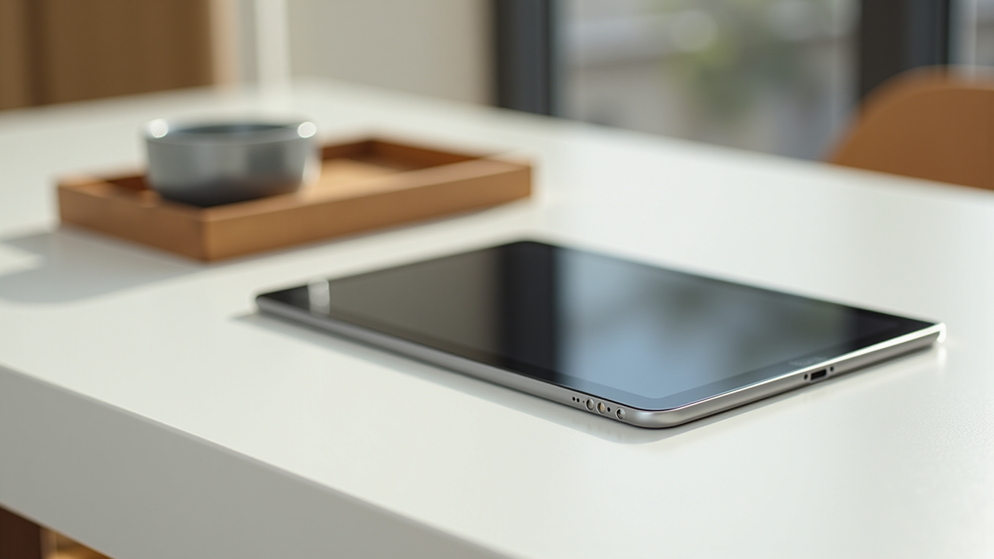 An electronic tablet on a surface with a brown tray and a grey cup-like object.