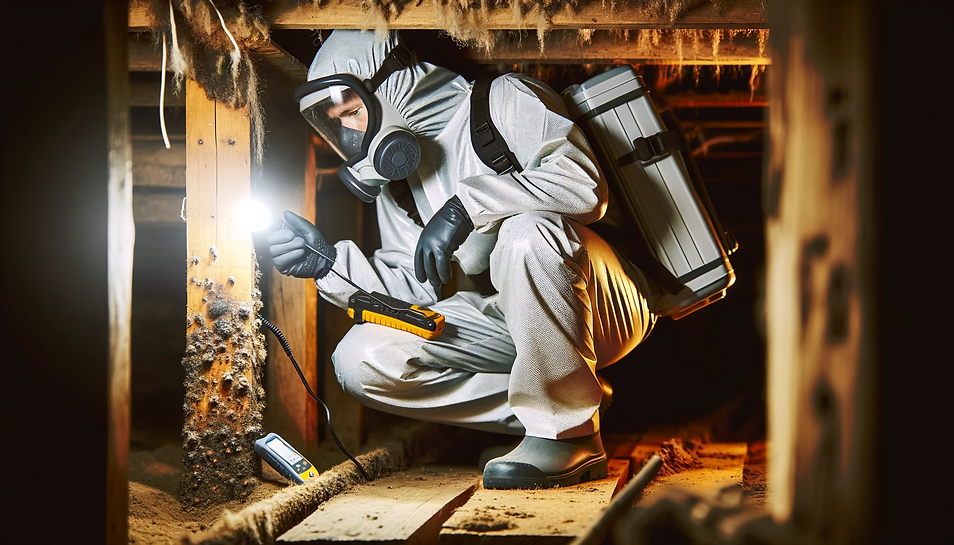 Een bestrijder voert een inspectie en zwambestrijding uit in een kruipruimte.