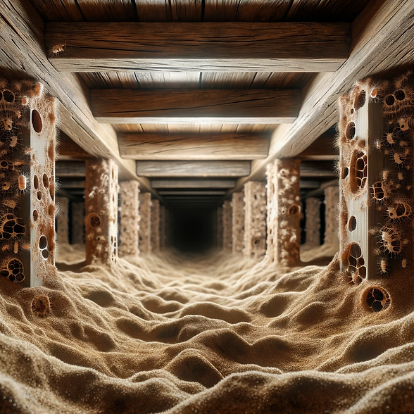 Een donkere, vochtige kruipruimte en kelder met zichtbare houten balken en vloeren, waarop subtiele tekenen van houtwormschade zichtbaar zijn, zoals kleine gaatjes en fijn boormeel.