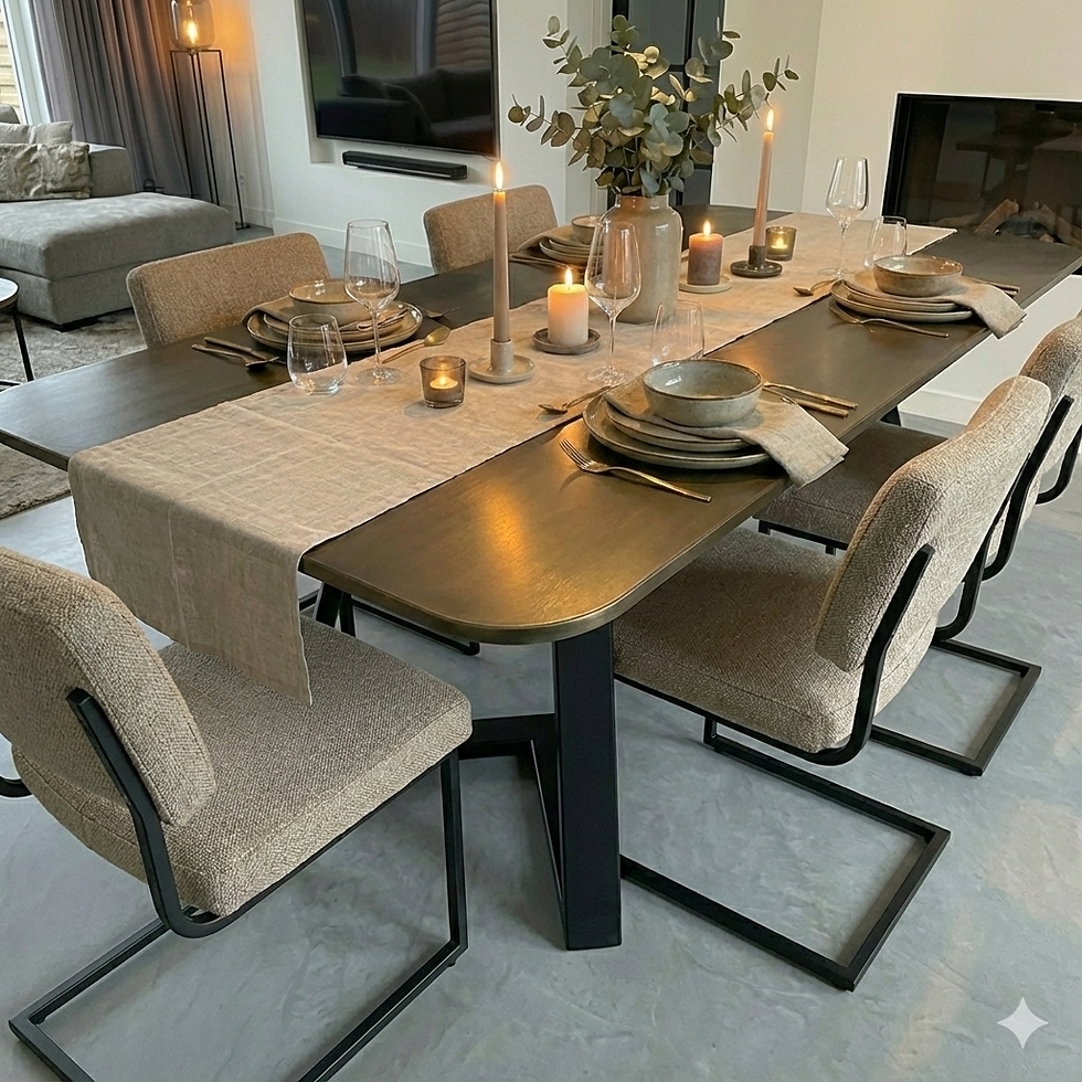 Thumbnail: Eettafel Rechthoekig Brons – Triad met stoelen in ingerichte eetruimte