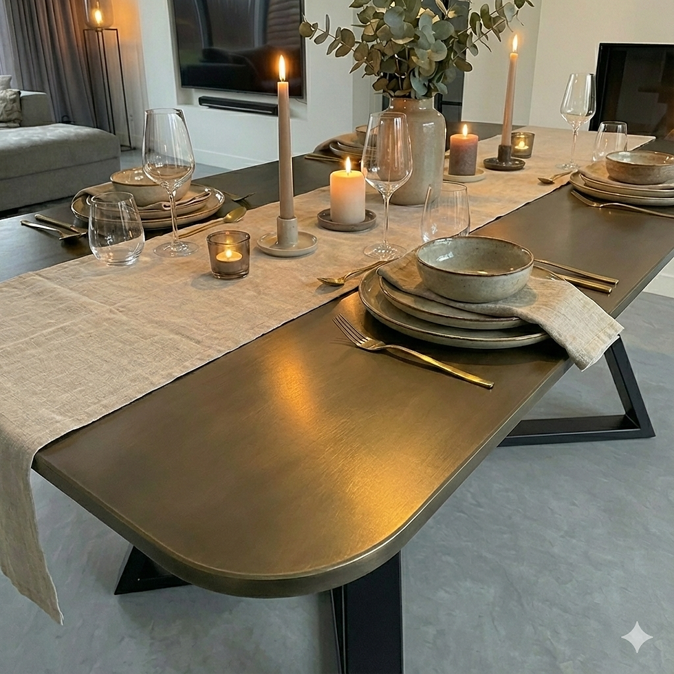 Detail van het bronzen tafelblad van de rechthoekige eettafel Triad