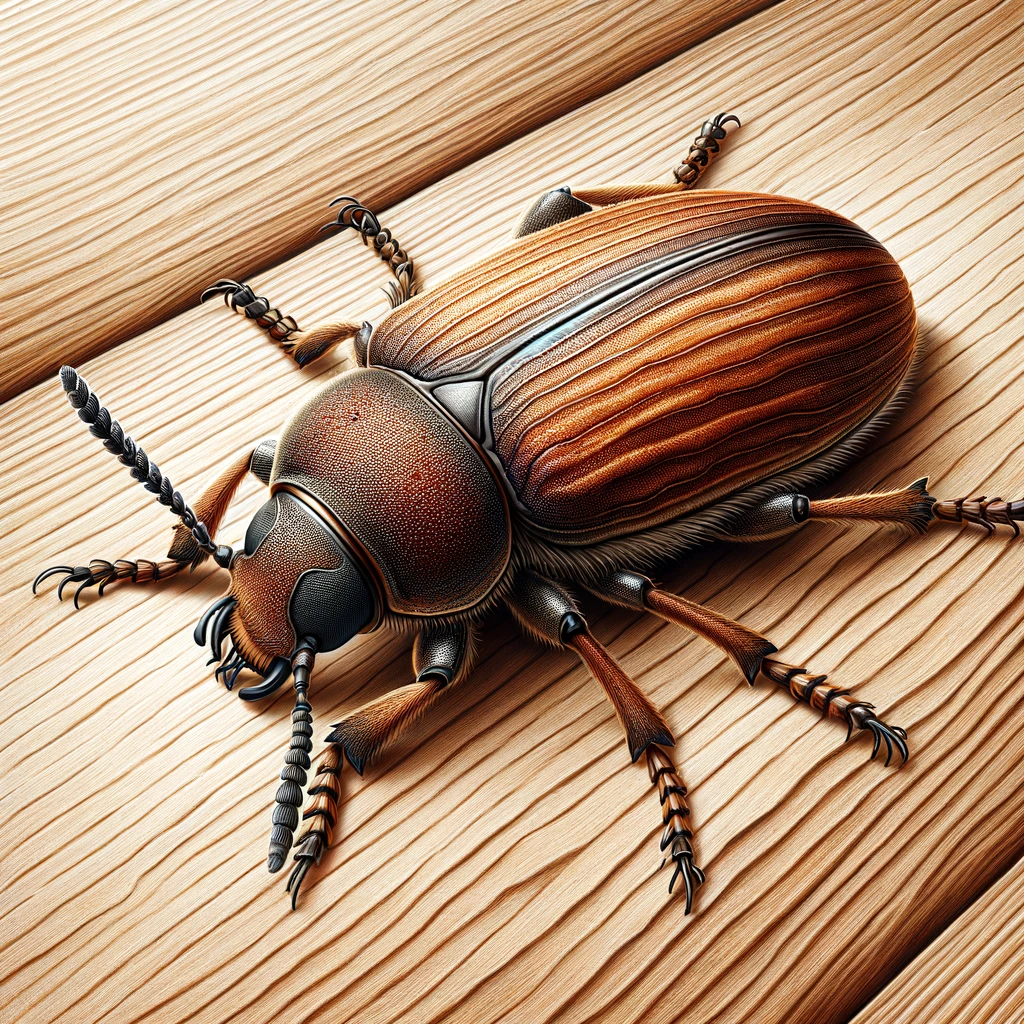 Zeer gedetailleerde afbeelding van een gewone houtwormkever in zijn natuurlijke omgeving, met focus op zijn fysieke kenmerken.