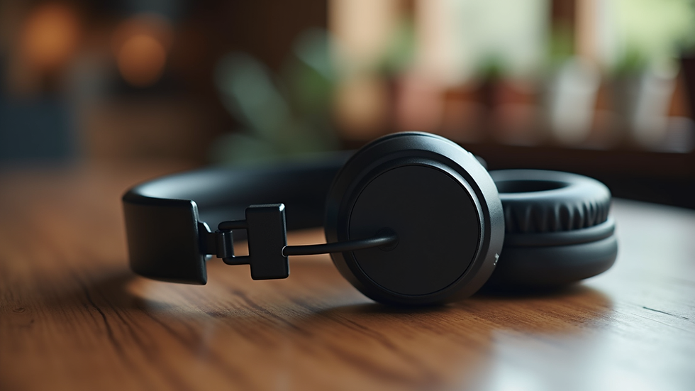 Close-up view of a pair of headphones resting on a wooden table