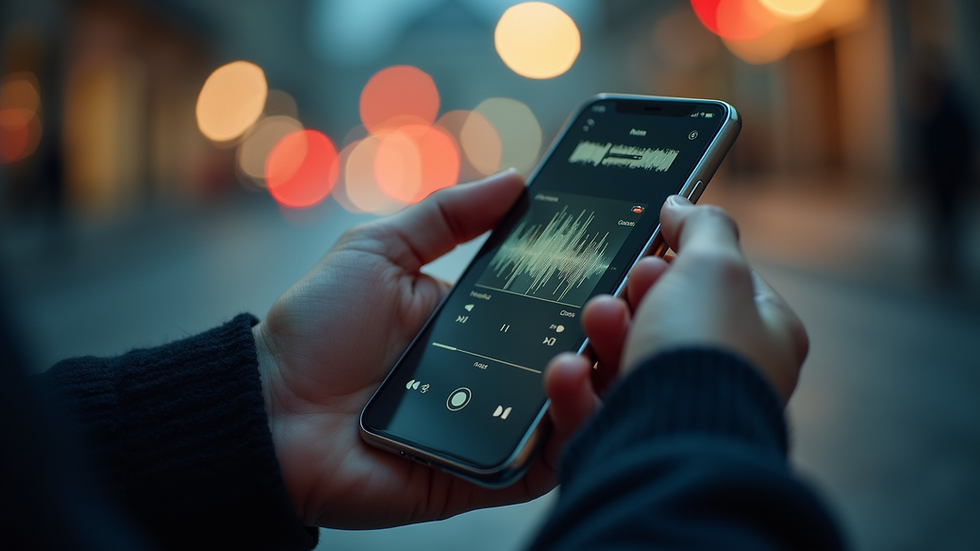 Eye-level view of a person using a smartphone to listen to online radio