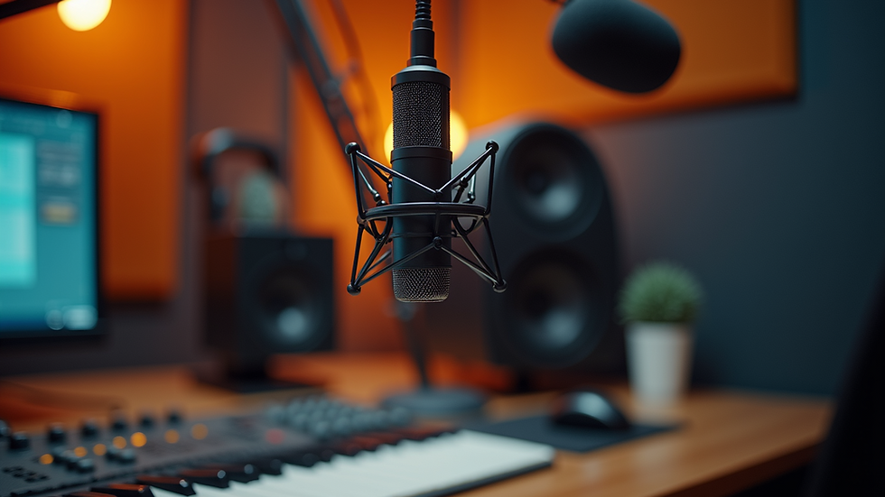 Eye-level view of a radio studio microphone with soundproof walls