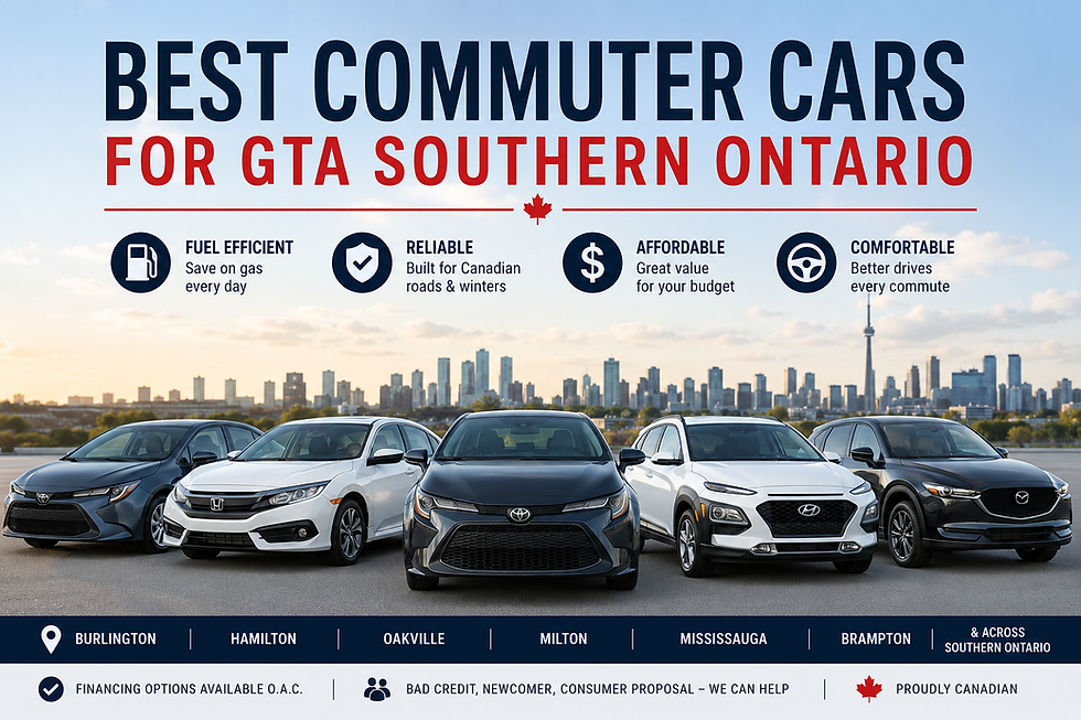 Looking for the best commuter cars for GTA Southern Ontario? Here are practical, finance-friendly vehicle types and models for drivers commuting around Burlington, Hamilton, Oakville, Milton, Mississauga, Toronto, and the wider Southern Ontario region.