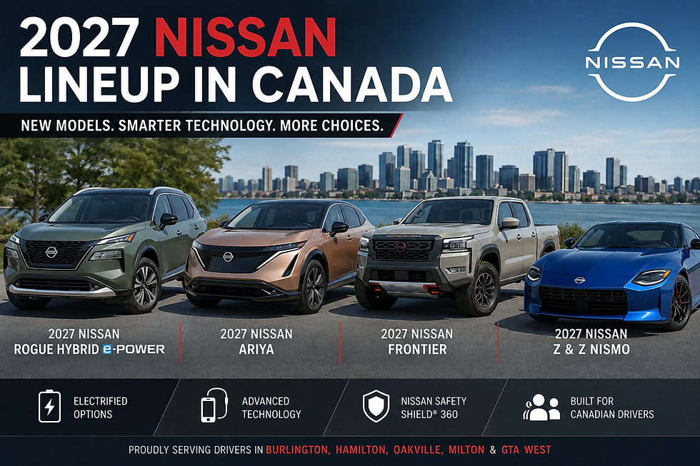 Explore the 2027 Nissan lineup in Canada, including the all-new Rogue Hybrid e-POWER, refreshed ARIYA EV, updated Nissan Z and Frontier, plus financing considerations for Ontario drivers. The 2027 Nissan lineup in Canada is starting to take shape, and electrification is becoming a much bigger part of the story.